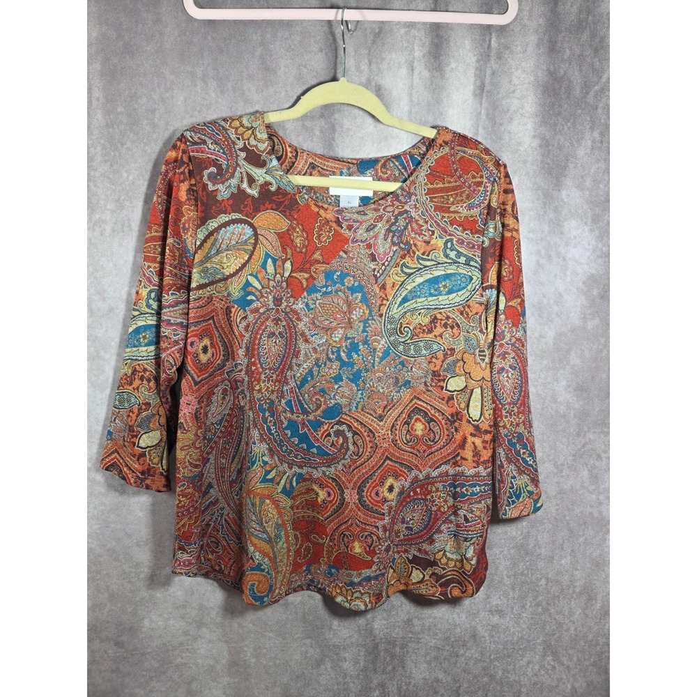 Alfred Dunner Womens XL Paisley‎ Floral Knit Top 3/4 Sleeve Orange Teal Multi